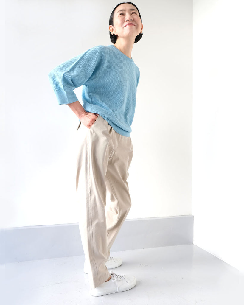 Beige/ Tops(鹿の子8分袖ニット,スカイブルー)