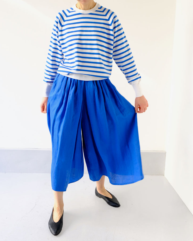 白×ブルーボーダー/ボトムス:タックギャザーキュロット(ブルーリネン)